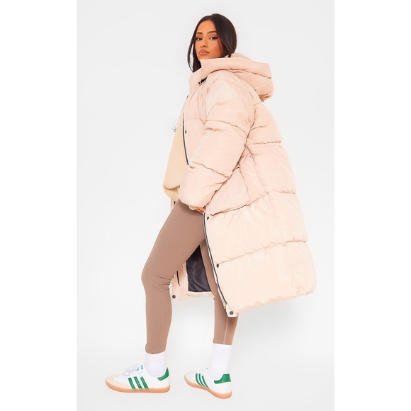 New Small $98 Longline Oversized Puffer Coat 2 Petite Khaki Tan Winter Jacket‎ - Picture 3 of 5